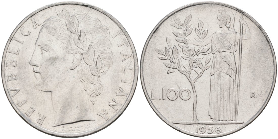 Италия 100 лир 1956 R, АФИНА В ДОСПЕХАХ KM 96.1 нержавеющая сталь 4572-325