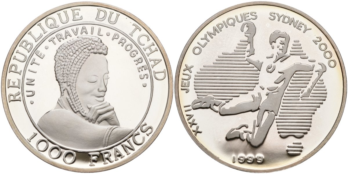 Чад 1000 франков 1999 XXVII олимпийские игры в Сиднее, гандбол серебро PROOF 00-00