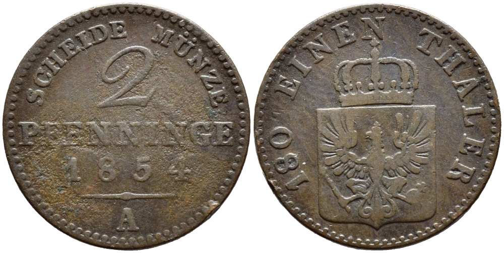 Пруссия 2 пфеннига 1854 А, Фридрих Вильгельм IV (1840-1861) KM 452, Jaeger 51, Olding 336, AKS 91 медь 4381-954