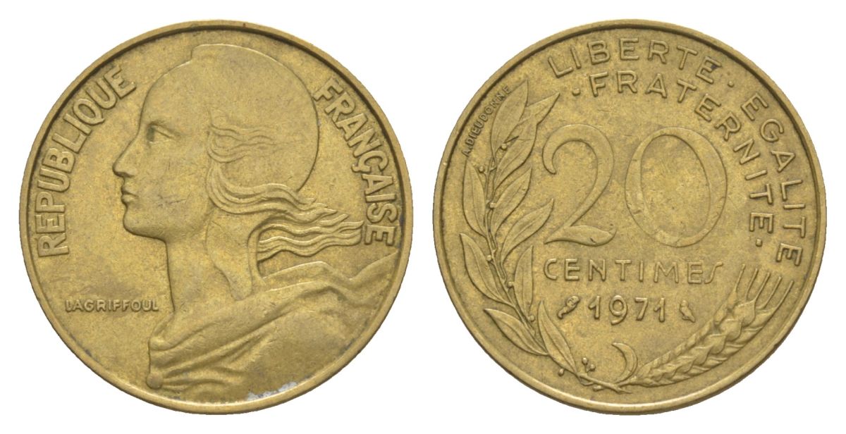 Франция 20 сантимов 1971 тип Morlon KM 930, Le Franc 156.11 алюминиевая бронза 4631-511