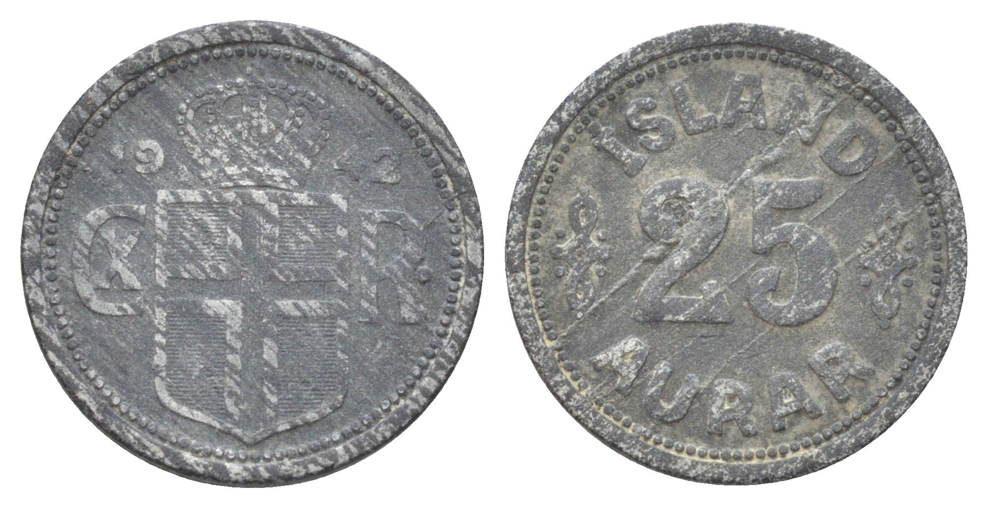 Исландия 25 эйре 1942 год-тип KM 2a цинк 4668-926