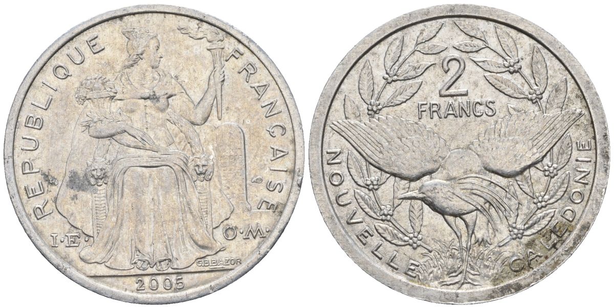 Французская Новая Каледония 2 франка 2006 птица кагу, (IEOM) KM 14, Schoen 11, Lec 68k алюминий    25-2427