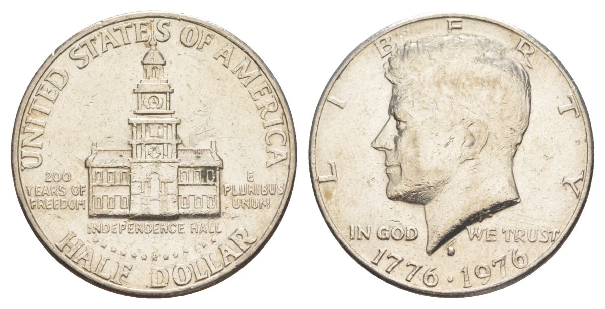 США 1/2 доллара (50 центов) 1976 D, 200 лет независимости, Джон Кеннеди KM 205 медь плакированная медно-никелем aUNC 4545-1034