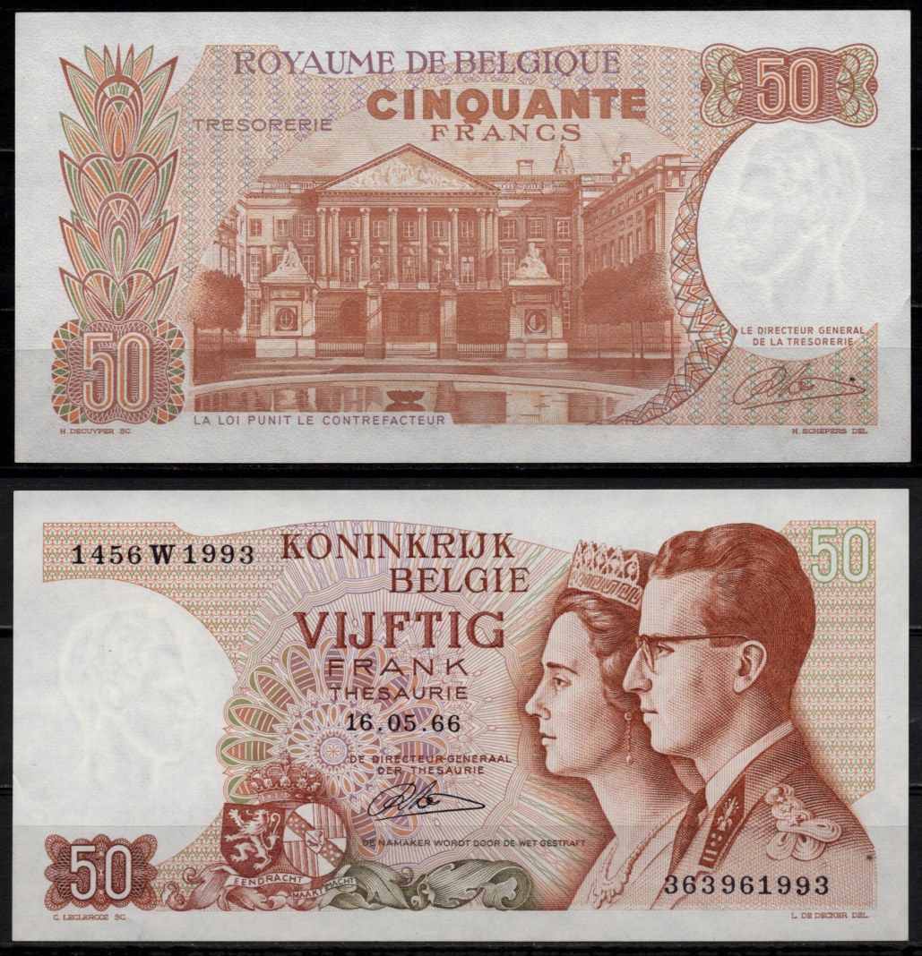 Бельгия 50 франков 1966 Бодуэн I и королева Фабиола. Здание парламента, Брюссель Pick 139 (4) бумага UNC (пресс) 7523-2-1-2
