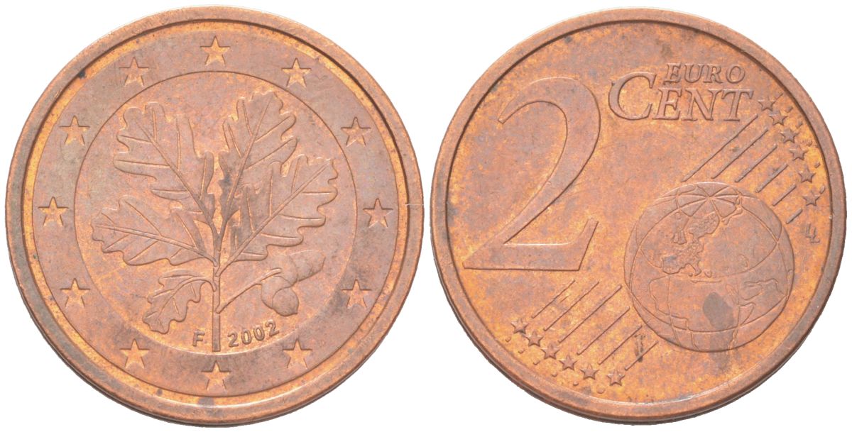 Германия 2 евроцента 2002 F KM 208 сталь плакированная медью 4614-723