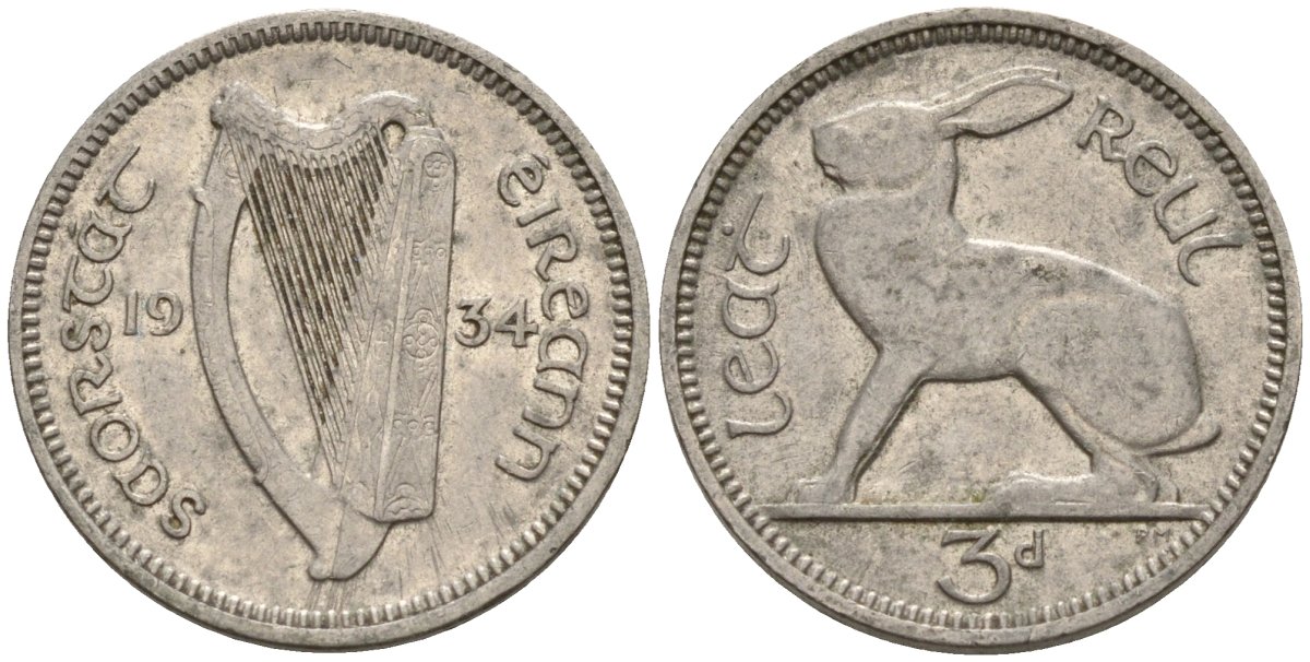 Ирландия 3 пенса 1934 заяц KM 4 никель 4596-1056