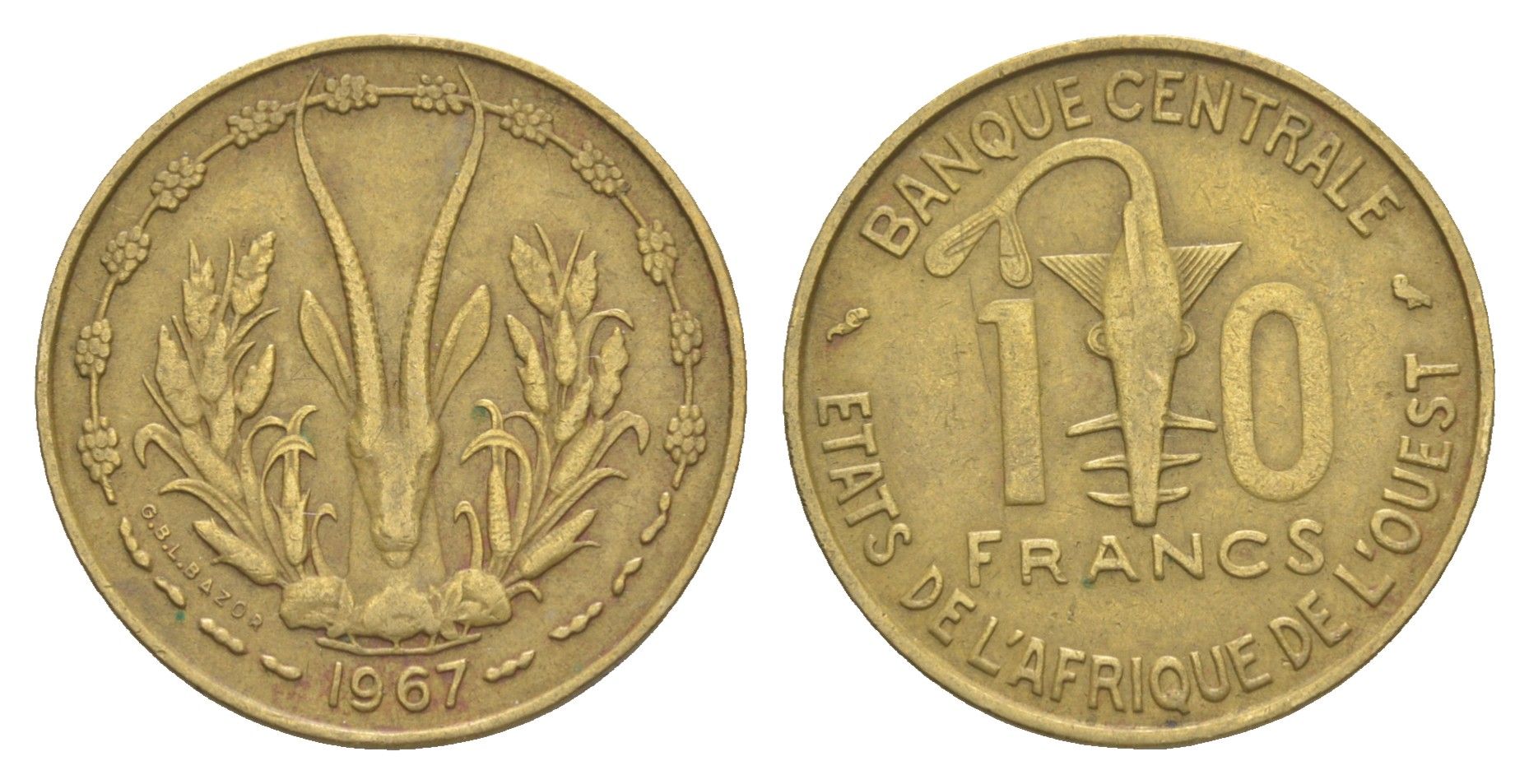 Западная Африка (BCEAO) 10 франков 1967 KM 1a медь алюминий никель 4175-1057