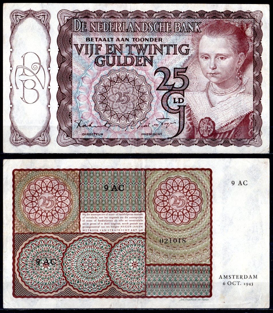 Нидерланды 25 гульденов 1943 "Молодая женщина" (Паулюс Морельс) Pick 60 бумага 451-1134-2