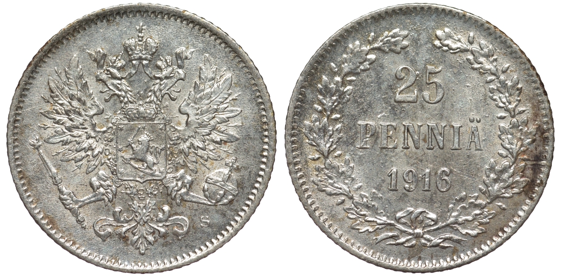 Россия для Финляндии 25 пенни 1916 S, Николай II (1894-1917) KM 6.2, Биткин 421 серебро 75-1349