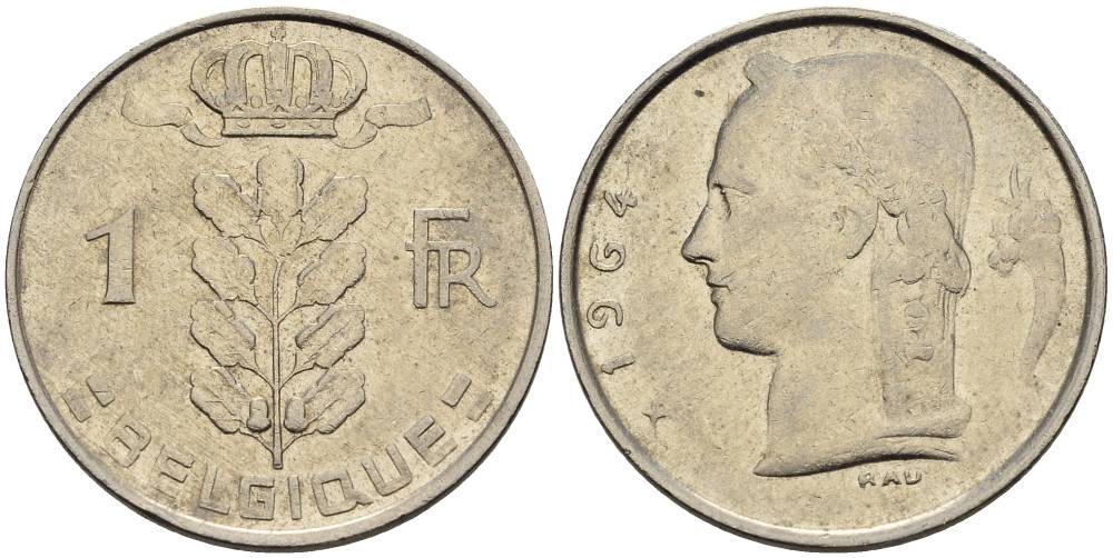 БЕЛЬГИЯ 1 ФРАНК 1964 BELGIQUE KM 142.1 медно-никель 4546-452