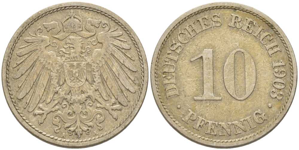 Германия 10 пфеннигов 1903 A KM 12, J. 13, Weege 8 медно-никель 259-842