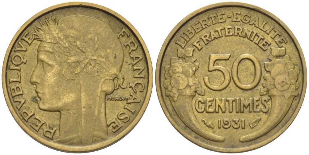 ФРАНЦИЯ 50 САНТИМОВ 1931 ТИП MORLON KM 894.1, LE FRANC 192.4 алюминиевая бронза 201-855