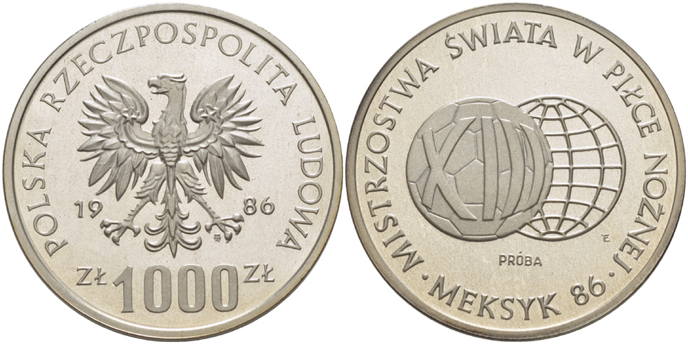 Польша 1000 злотых 1986 MW, чемпионат мира по футболу в Мексике 1986 года, футбольный мяч и глобус, PROBA, тираж 9000 экземпляров KM Pr 541, Parchimowicz P.486a серебро PROOF 1085-2-22
