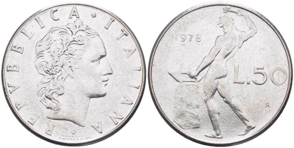 ИТАЛИЯ 50 ЛИР 1978 R, КУЗНЕЦ KM 95.1 нержавеющая сталь 89-1352