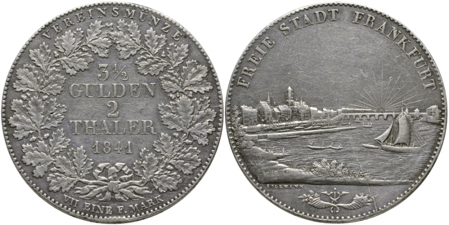 Франкфурт 2 талера = 3 1/2 гульдена 1841 городской вид KM 329, AKS 3, Jg. 15, Dav. 640, Thun 130 серебро 00-815-25