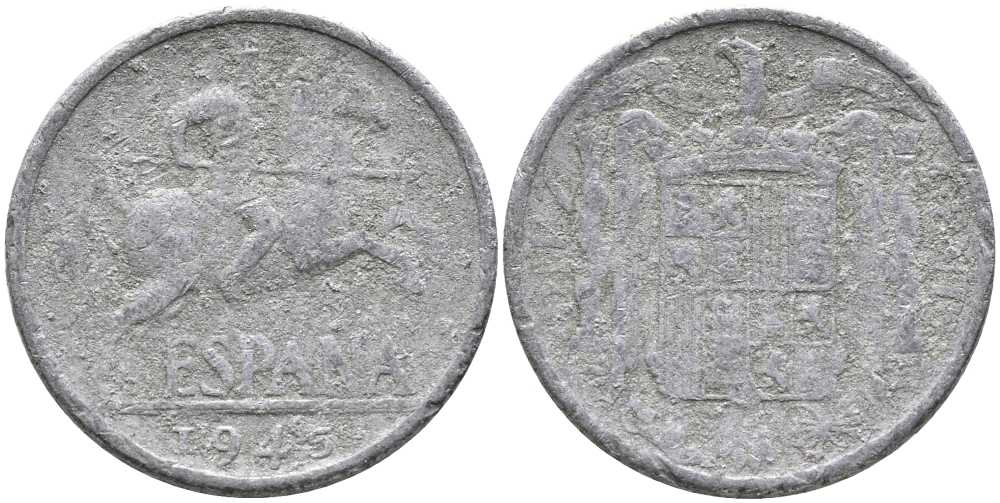 ИСПАНИЯ 10 СЕНТИМО 1945 РЫЦАРЬ НА КОНЕ KM 766 алюминий 110-927