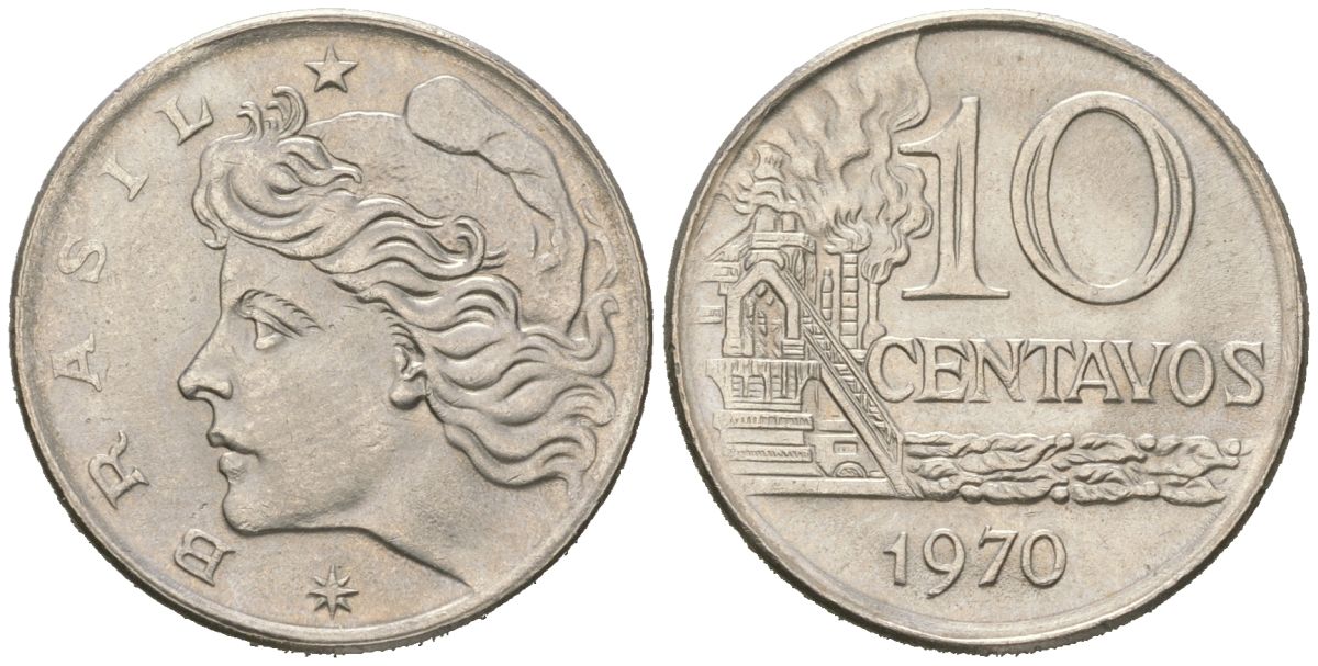 Бразилия 10 сентаво 1970 KM 578 медно-никель aUNC 4121-1117
