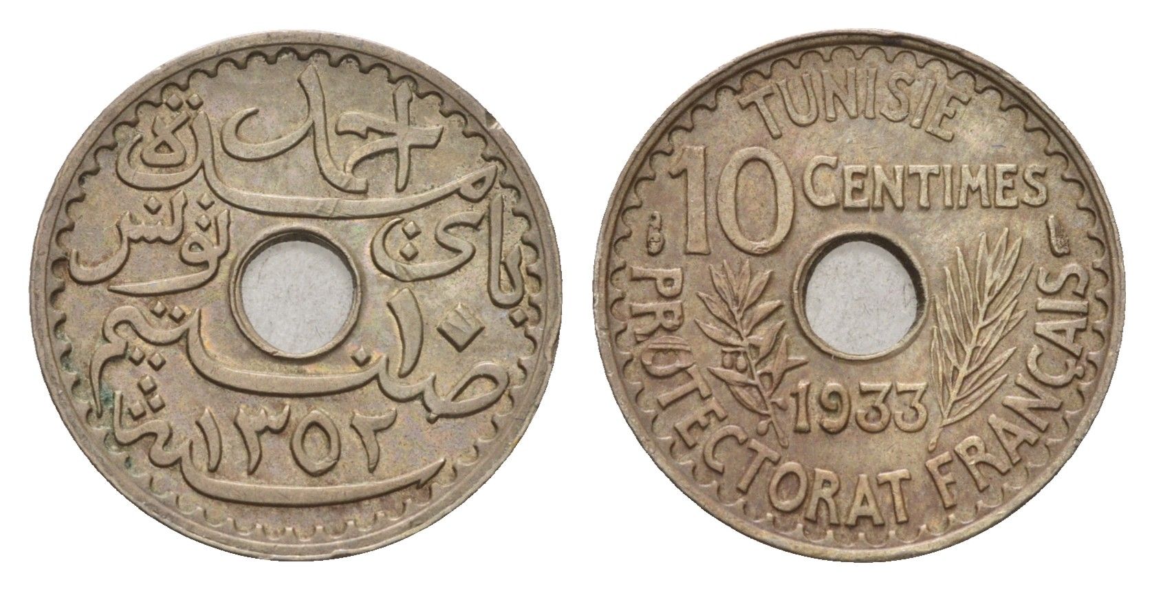 Тунис 10 сантимов 1933 KM 259 никель латунь aUNC 4127-1933