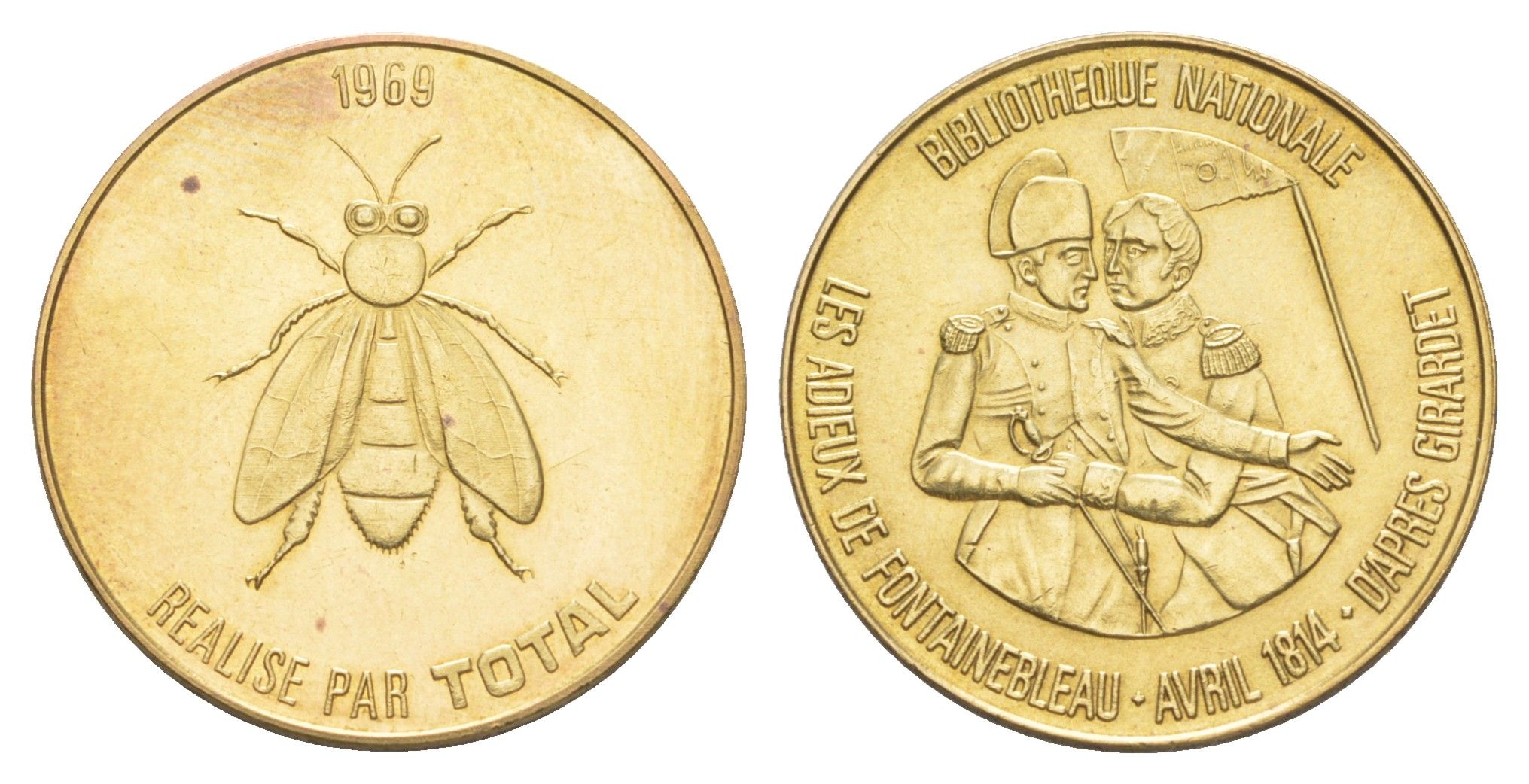 Франция жетон к 200-летию со дня рождения Наполеона-Бонапарта "Национальная библиотека Франции - Прощание с Фонтенбло" 1969 компания Total, диаметр 25,8 мм, вес 5 гр железо плакированная латунью UNC 4637-515