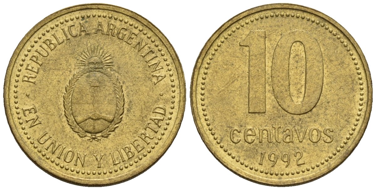 Аргентина 10 сентаво 1992 герб KM 107 алюминиевая бронза 4147-157