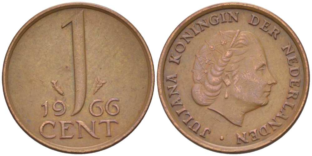 НИДЕРЛАНДЫ 1 ЦЕНТ 1966 КОРОЛЕВА ЮЛИАНА KM 180 бронза 3955-128