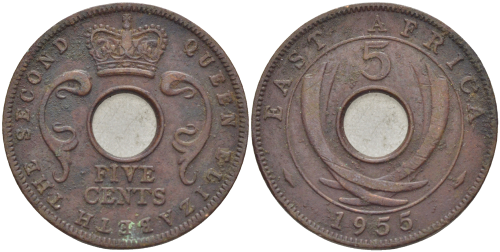 Британская Восточная Африка 5 центов 1955 Елизавета II (1952-) KM 37 бронза 94-726