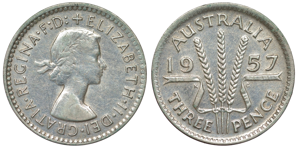 Австралия 3 пенса 1957 m, Елизавета II (1952-2022) KM 57 серебро 71-543
