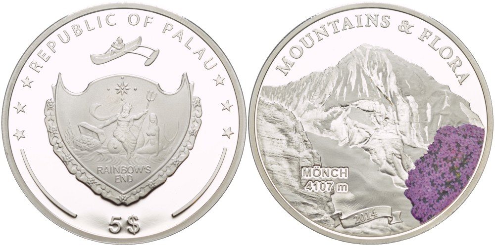 Палау 5 долларов 2014 горы и флора, Менх, 4107 метра, эмаль KM NEW серебро PROOF 1088-1-14