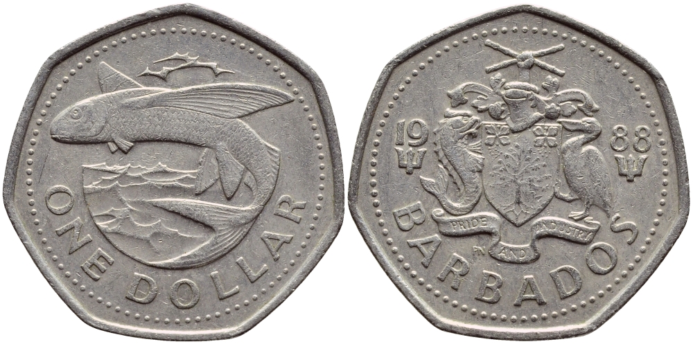 Барбадос 1 доллар 1988 летучая рыба KM 14.2 медно-никель 4398-247