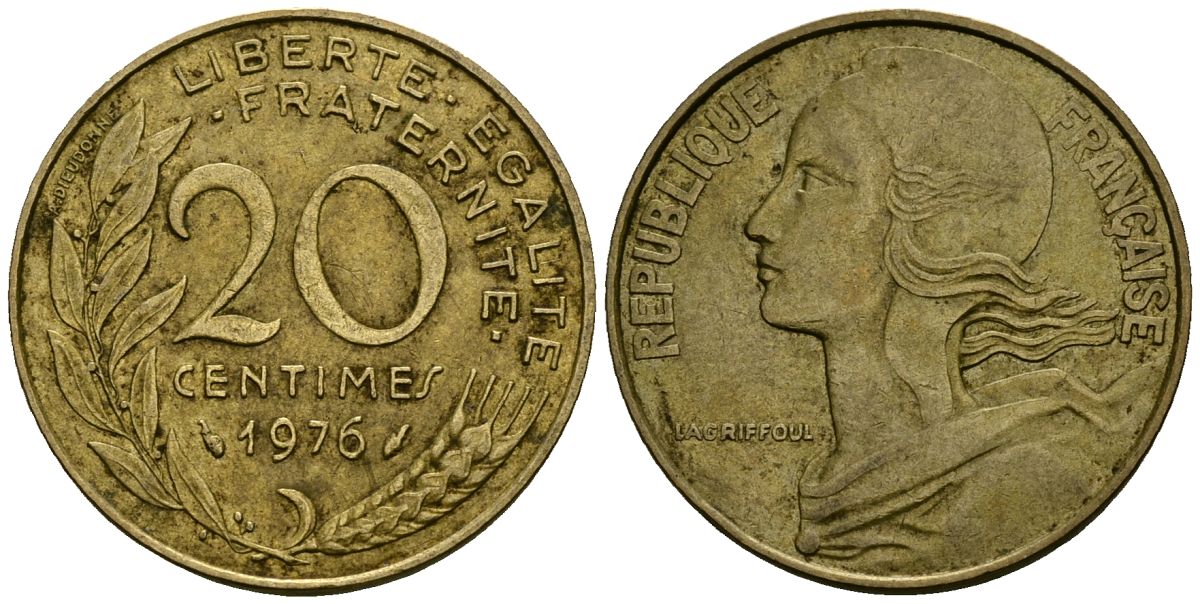 Франция 20 сантимов 1976 тип Marianne KM 930 медь алюминий никель 4135-613