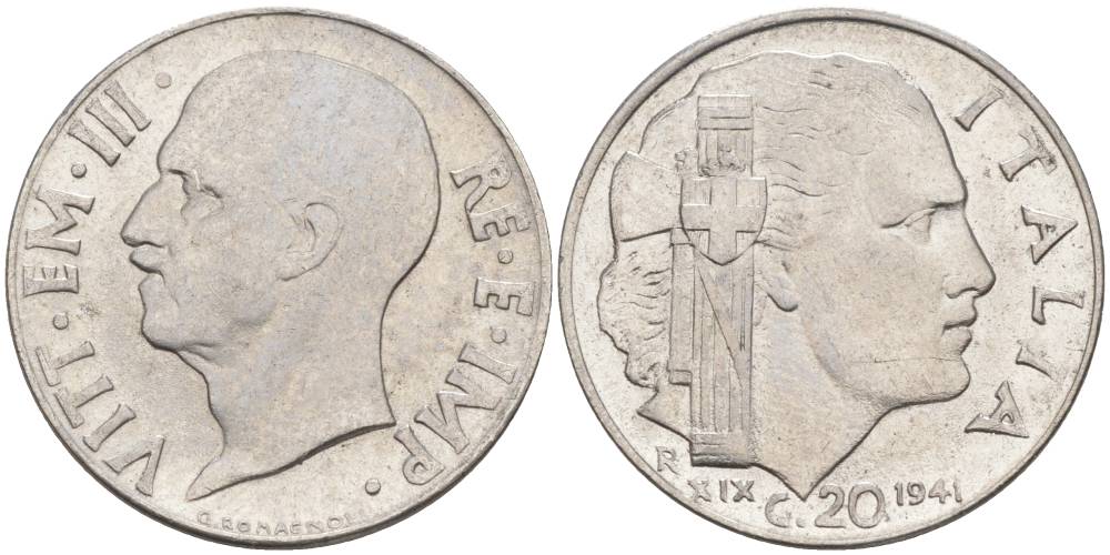ИТАЛИЯ 20 ЧЕНТЕЗИМО 1941 R, ГОД XIX, ВИКТОР ЭММАНУИЛ III (1900-1946) KM 75b, VEM3. 1028 нержавеющая сталь 3853-831