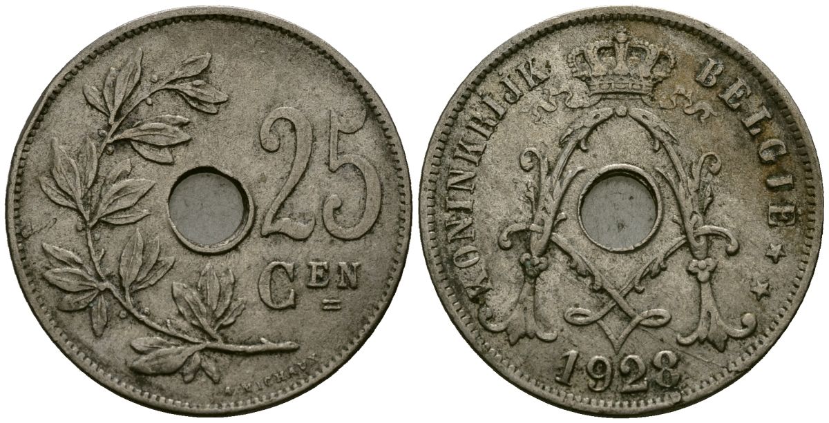 Бельгия 25 сантимов 1928 Belgie KM 69 медно-никель 4165-825
