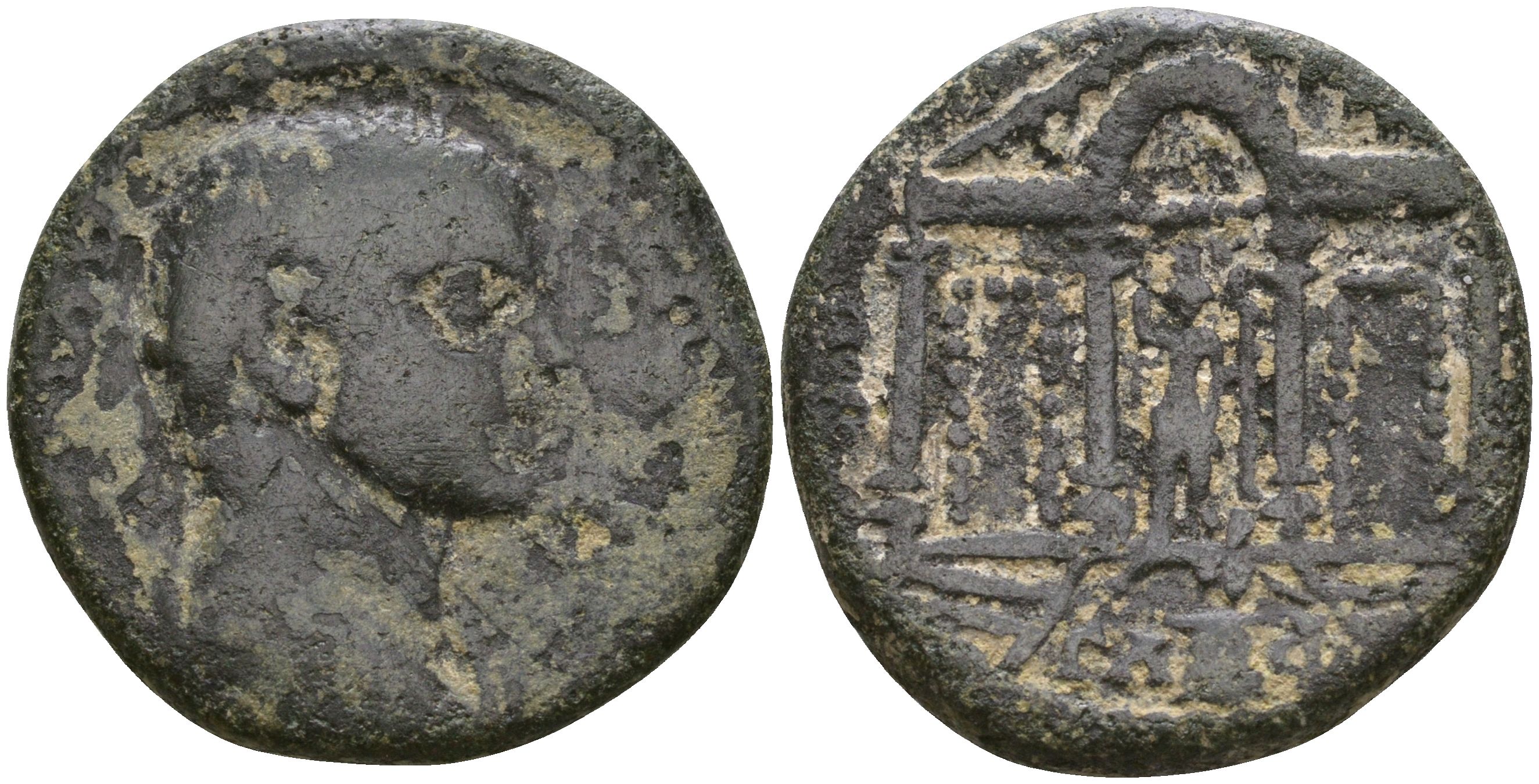 Римская Империя, Провинция Сирия, Финикия, Ортозия AE 221 - 222 Александр Север в ранге цезаря, бюст цезаря / храм Астарты (Extremely rare) SNG Righetti 2276 бронза 1100-7-53