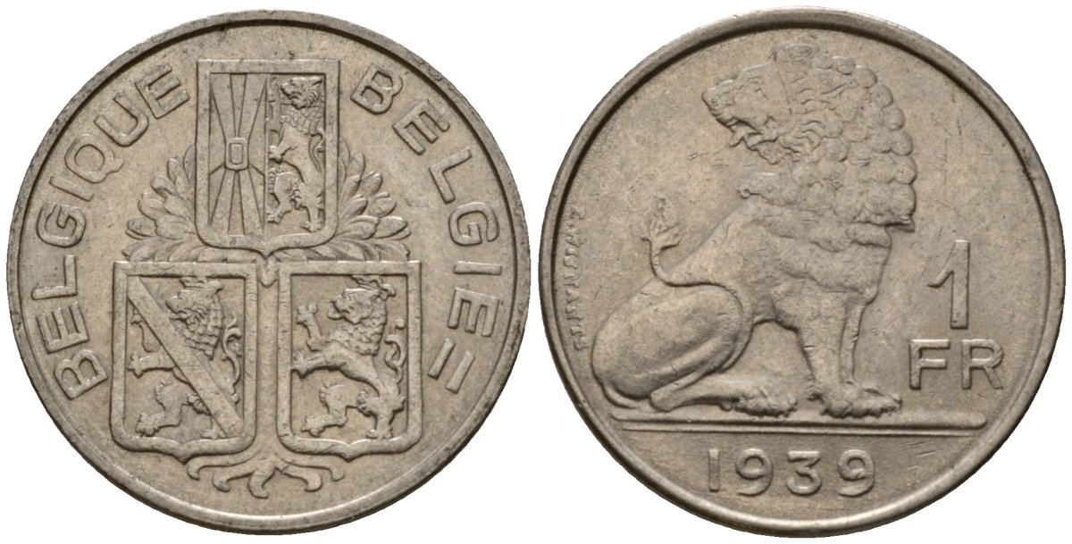 Бельгия 1 франк 1939 Belgique - Belgie KM 119 никель 4603-1242