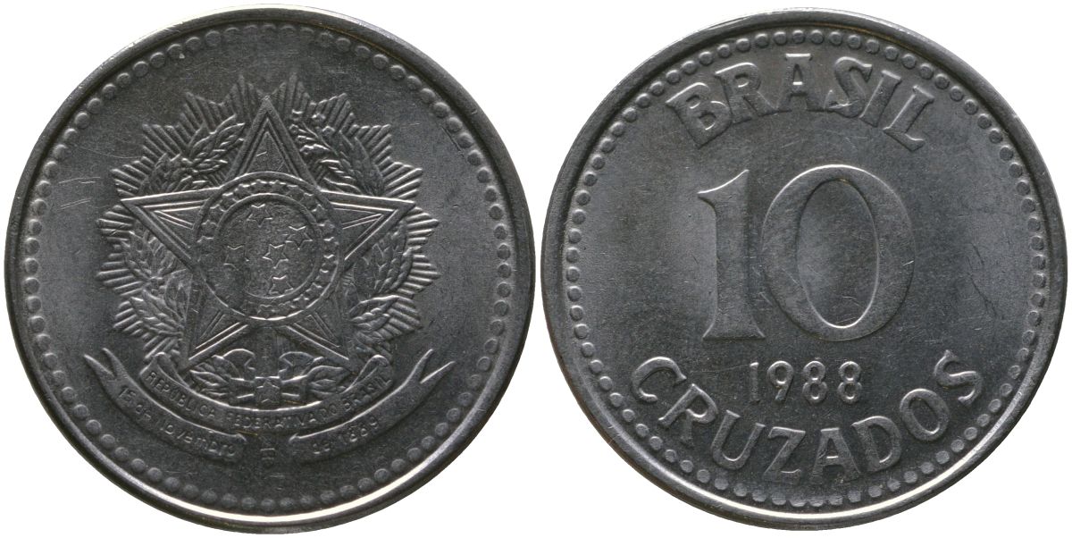 Бразилия 10 крузадо 1988 KM 607, Schon 116 нержавеющая сталь 4519-745