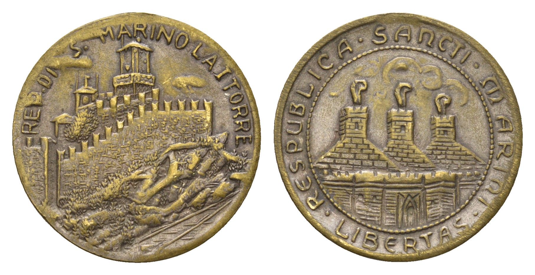 Сан-Марино туристическая медаль "Путь Святого Марино" диаметр 23 мм, вес 3,3 гр латунь 4670-1011