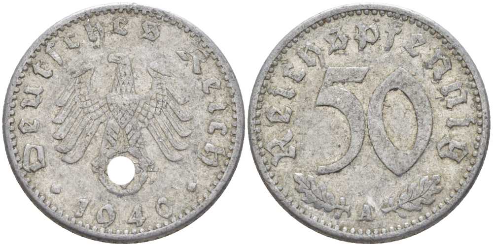 ГЕРМАНИЯ 50 РЕЙХСПФЕННИГОВ 1940 А KM 96, J. 372 алюминий 210-611