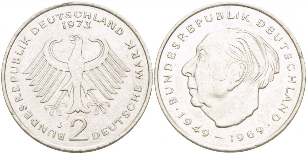 ФРГ 2 МАРКИ 1973 J, ТЕОДОР ХОЙС KM 127, J. 407 медно-никель плакированный никелем плакированный никелем 3996-912