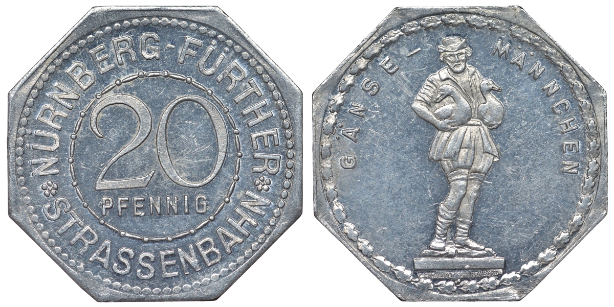 Германия, Нюрнберг - Фюрт 20 пфеннигов ND трамвайный жетон, фонтан с гусями алюминий UNC 4119-734