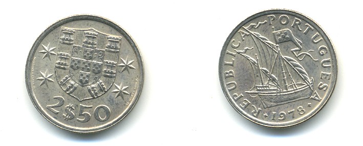 ПОРТУГАЛИЯ 2,5 ЭСКУДО 1978 ПАРУСНИК KM 590 медно-никель 176-147