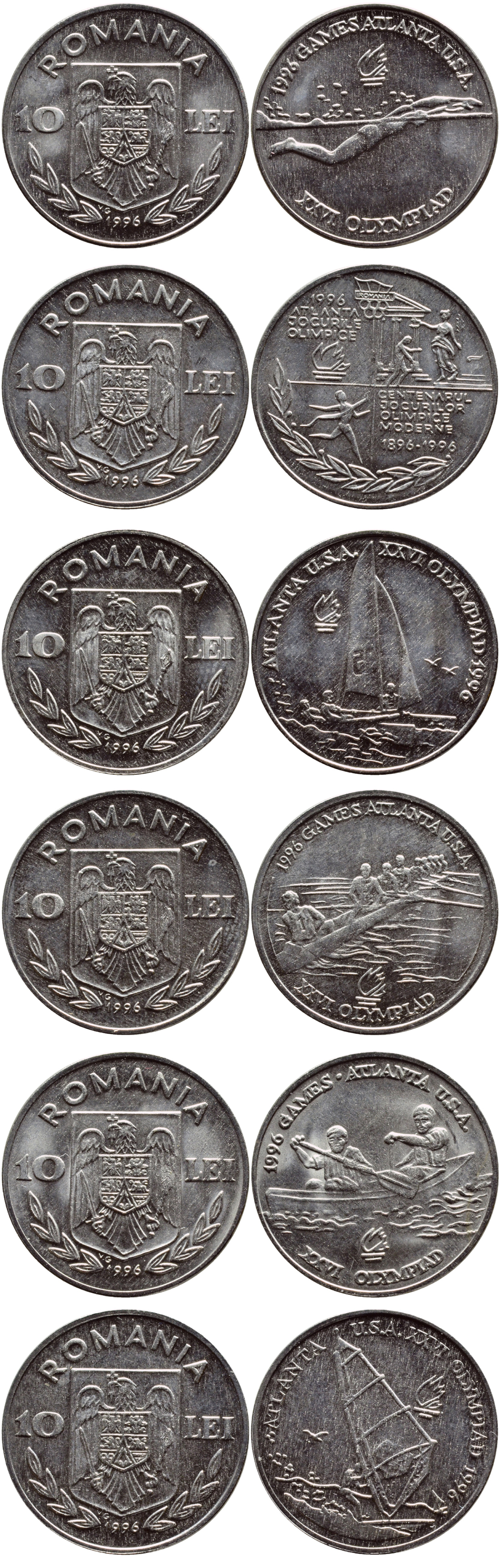 Румыния набор из 6 монет 1996 XXVI Олимпийские игры 1996 в Аталанте, виды спорта KM 120, 121, 122, 123, 124, 125 сталь плакированная никелем  UNC  N5-15