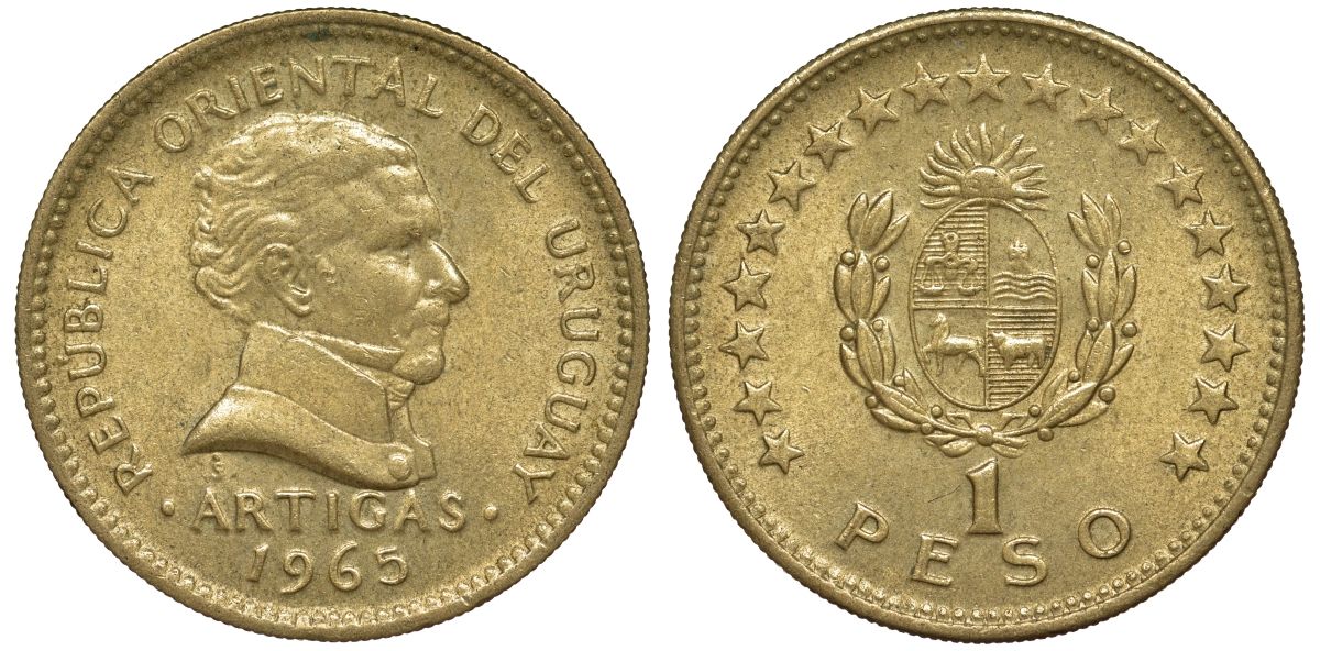 Уругвай 1 песо 1965 KM 46 алюминиевая бронза 24-1155