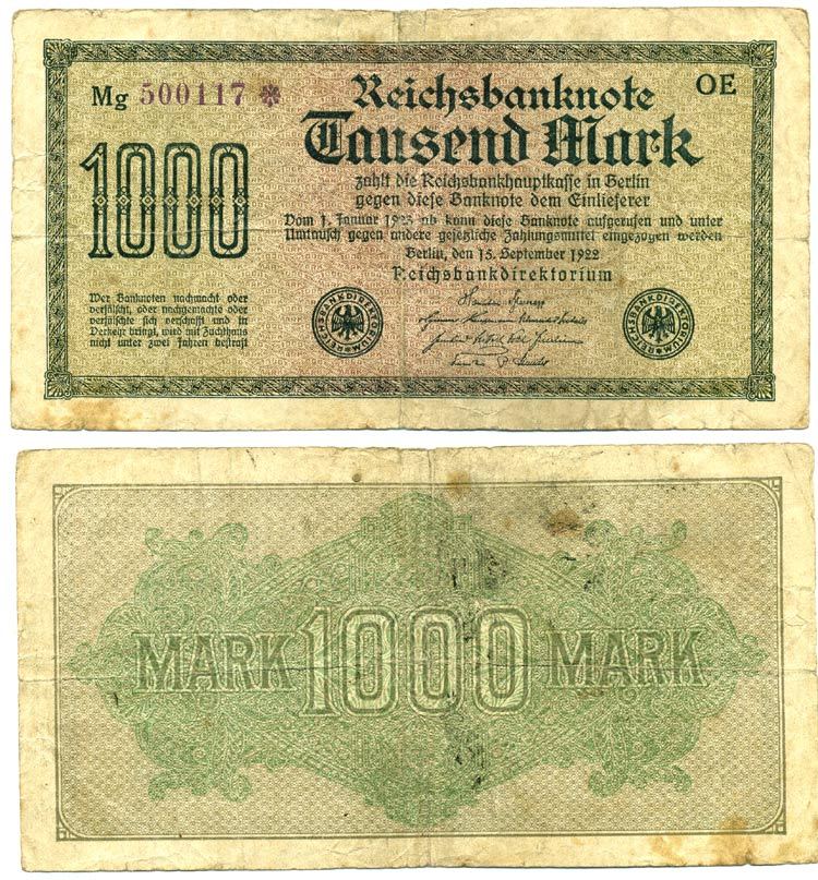 ГЕРМАНИЯ 1000 МАРОК 1922 15 СЕНТЯБРЯ 1922, ВОДЯНОЙ ЗНАК D, БЕЛАЯ БУМАГА Pick 76d бумага 7548-58-1