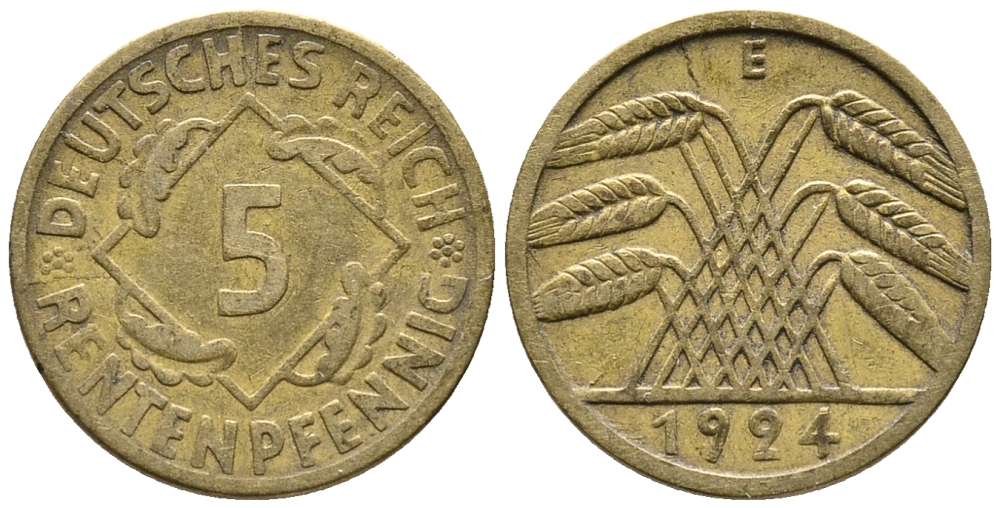 ГЕРМАНИЯ 5 РЕНТЕНПФЕННИГОВ 1924 E KM 32, J. 308 алюминиевая бронза 39-521