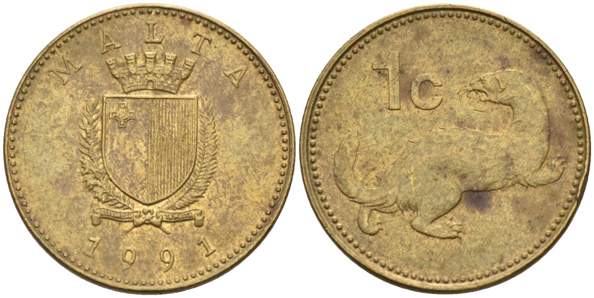 Мальта 1 цент 1991 ласка, горностай KM 93 никель латунь 4585-1162