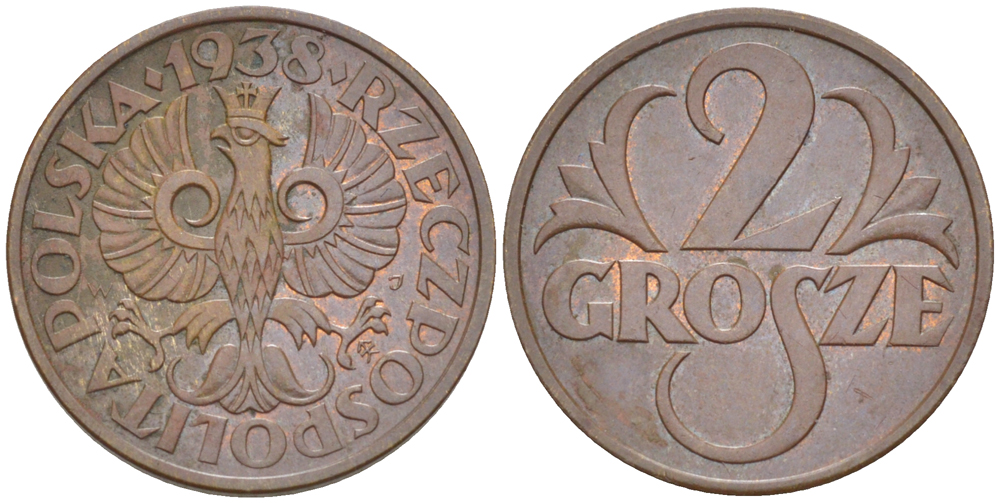 ПОЛЬША 2 ГРОША 1938 w KM 9a, Parchimowicz 102m бронза 4181-1163