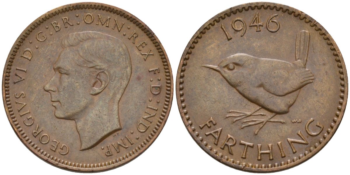 Великобритания 1 фартинг 1946 Георг VI (1936-1952) KM 843, Spink 4116 бронза 4154-261