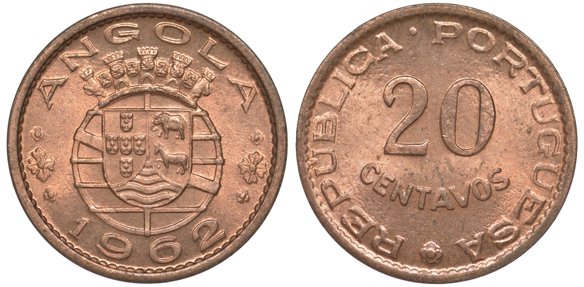 Португальская Ангола 20 сентаво 1962 KM 78 бронза aUNC 4588-824