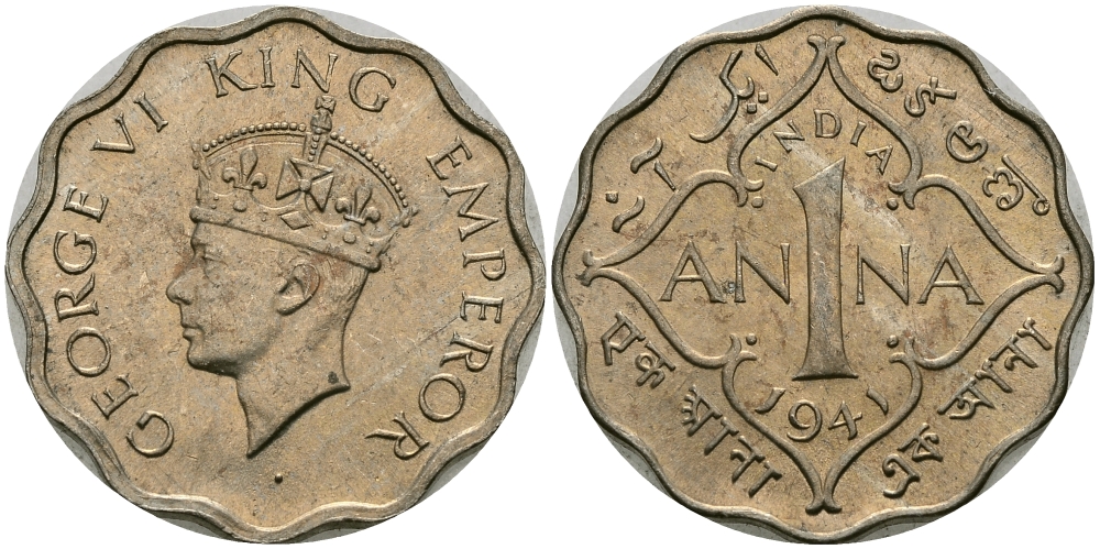 Британская Индия 1 анна 1941 Георг VI (1936-1952) KM 537 медно-никель UNC 94-512