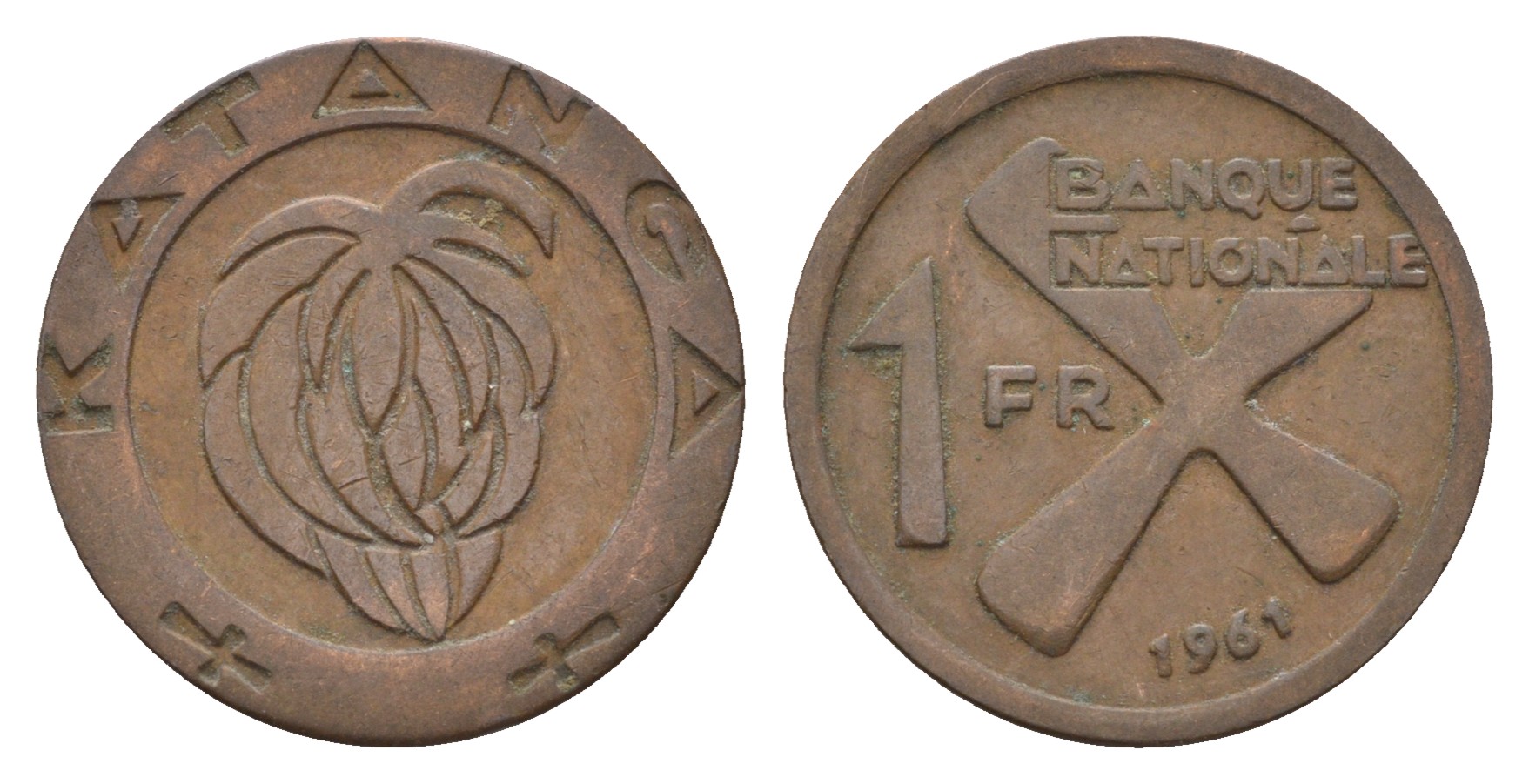Катанга 1 франк 1961 Заир, балубский крест, связка бананов KM 1 бронза 36-431